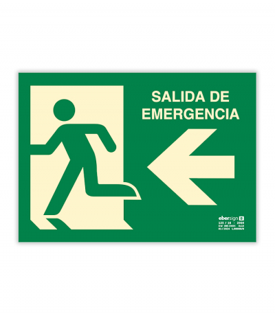 Señal «Salida de Emergencia (Izquierda)«. Este tipo de señal sirve para indicar la ubicación de la Saida de Emergencia. Señales de Evacuación se componen de un pictograma más contorno y en caso de tenerlo, texto fotoluminiscente sobre verde.